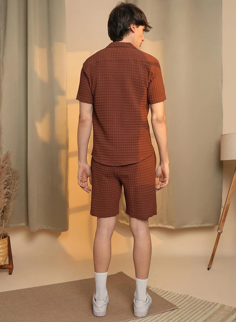 CAHOOT  Men's Chocolate Brown Waffle-Textured Co-Ord Set For Casual Wear | Cuban Collar | Short Sleeve | Button Closure | Co-Ords Crafted With Comfort Fit For Everyday Wear for Men | Best Price UAE